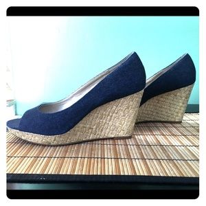 Cute open-toe Bandolino wedges with denim upper